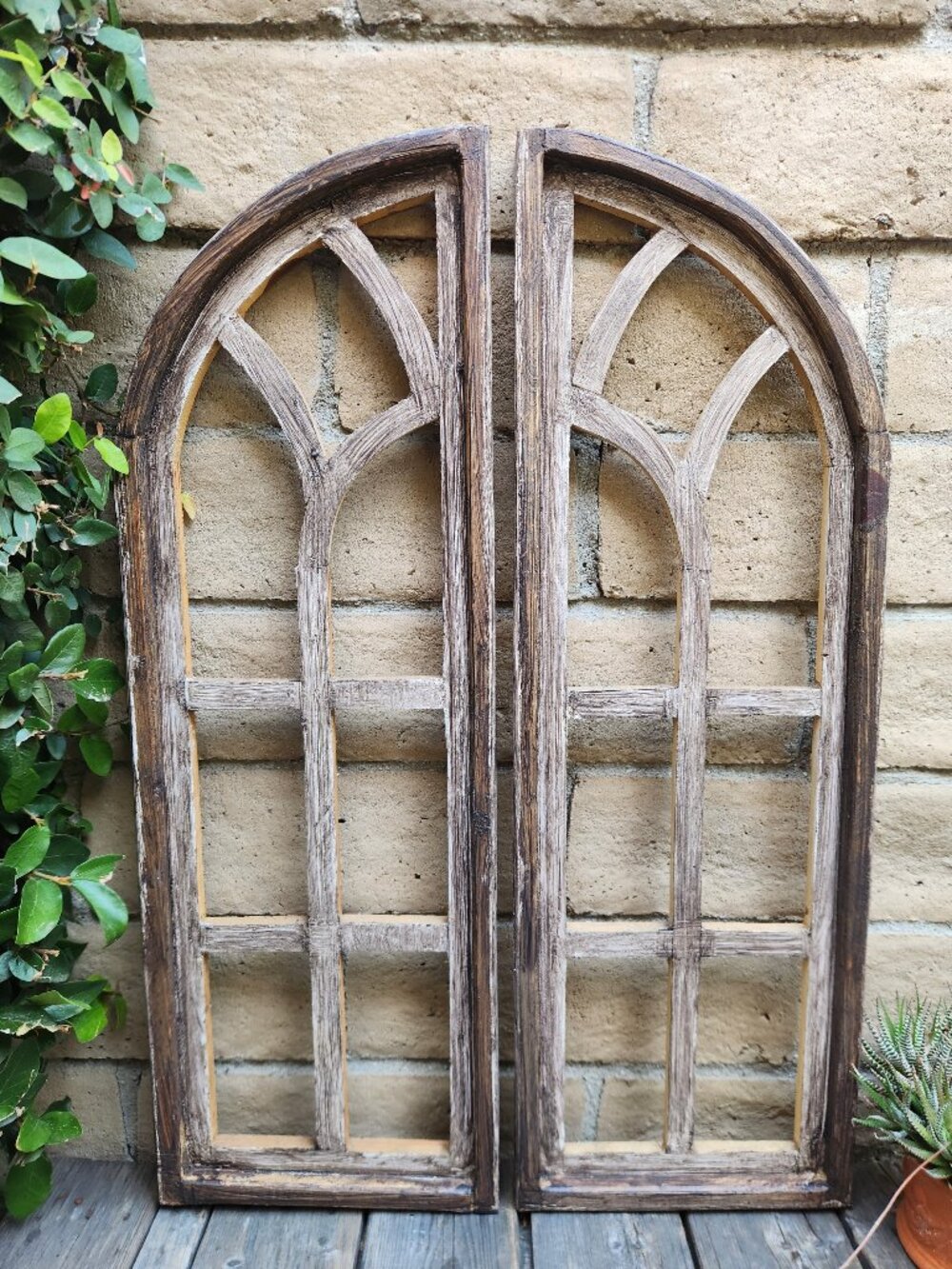 Set of 2, 36" H Arch Wood Frame Distress Shadow Brown Shabby Chic Wall